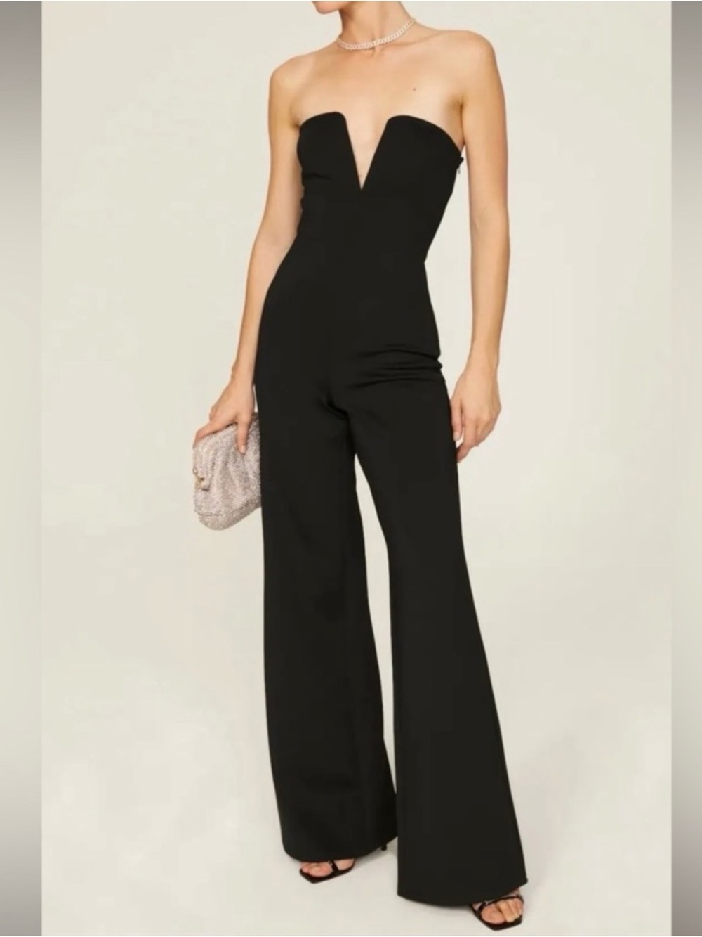 Good American Strapless V-Plunge Wide-Leg Jumpsuit - Black